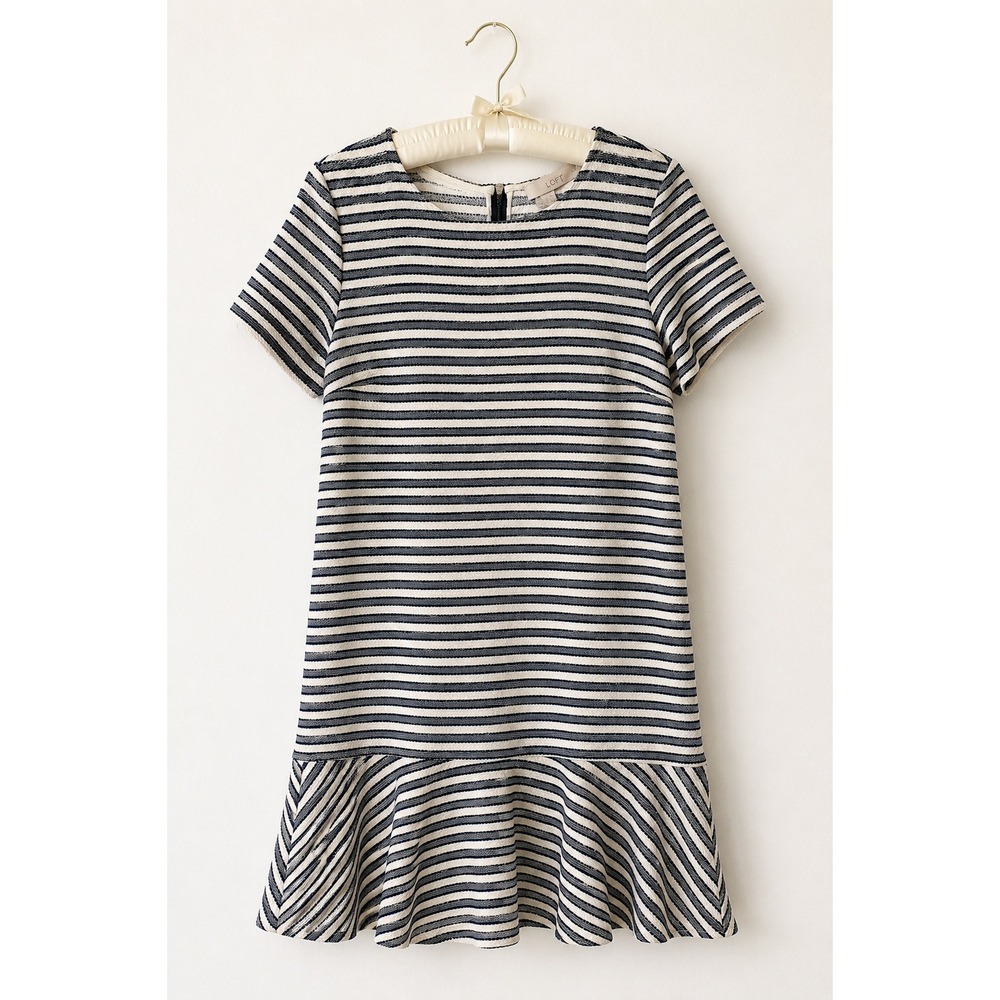 Ann Taylor Loft Blue Striped Tweed Mini Dress 10 Flounce Cap Sleeve Preppy
